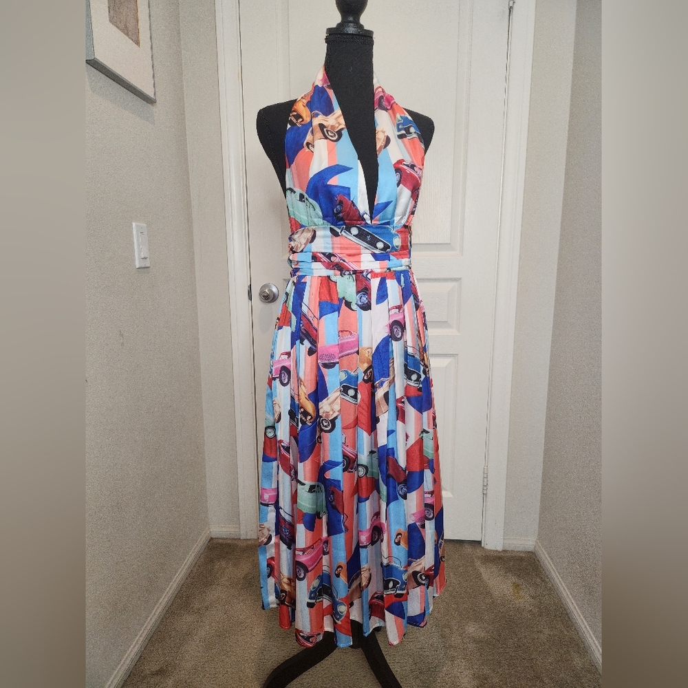 Designer Inspired Summer Dress Medium Pop Red White Blue - Picture 2 of 14